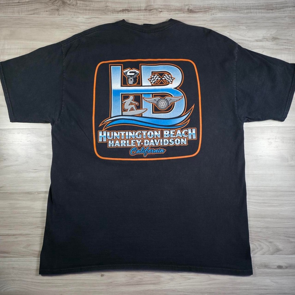 Vintage Harley Davidson Huntington Beach Surf Skull Graphic Tee Shirt
